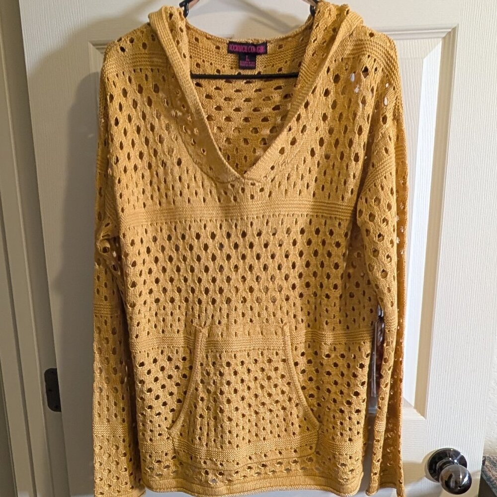 Rock & Roll Cowgirl Size L Yellow Hooded Loose Knit Sweater Front Pocket NWT